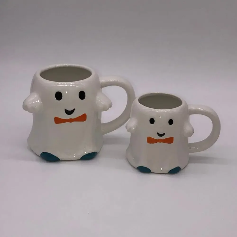 Set of 2 Hyde & Eek Halloween Ghost In Bow Tie Mugs Large & Mini Mommy & Me